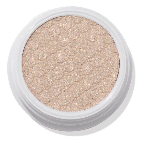 ColourPop 3rd St Super Shock Shadow showing a shimmery champagne‑beige eyeshadow with the signature bouncy, scale-texture pressed finish, sitting in a white round pot against a clean white background.
