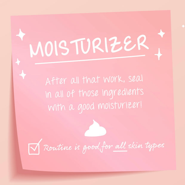 The Daily Face Cream, a ColourPop Face Moisturizer, shown as a pink sticky-note graphic labeled MOISTURIZER with white script, sparkles, a dollop icon, and a checkmark, stating: After all that work, seal in ingredients; Routine is good for all skin types.