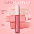 ColourPop Ultra Glossy Lip in Sugar Cookie stands centered, its clear pink tube with white cap over layered swatches showing a shimmery, super‑glossy, never‑sticky finish with hydrating hyaluronic acid on a pink starry backdrop.