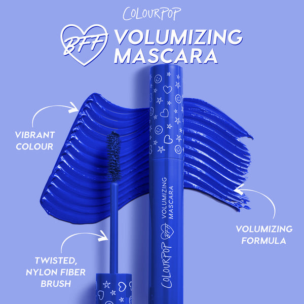 ColourPop BFF Mascara in Swell Season, a bold cobalt blue, shows the tube and open wand with twisted nylon fiber brush depositing vibrant, volumizing pigment against a blue swatch backdrop for dramatic lashes.
