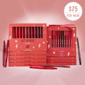 ColourPop Lippie Vault Set Heat Warning showcases boxed Hot in Here Lippie Stix and Bring the Heat lip pencils in red-to-berry shades, stacked on a pink backdrop with lips and lightning graphics, price badge reading $75 ($150 value).