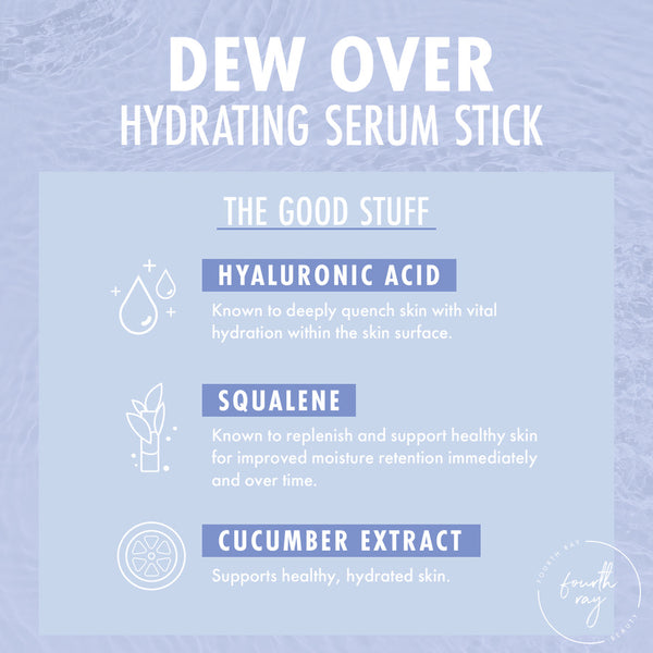 Dew Over hydrating serum stick graphic showcases key ingredients - hyaluronic acid for deep hydration, squalene to support moisture retention, and cucumber extract for healthy skin - on a pale blue water backdrop; ColourPop Serum Stick.