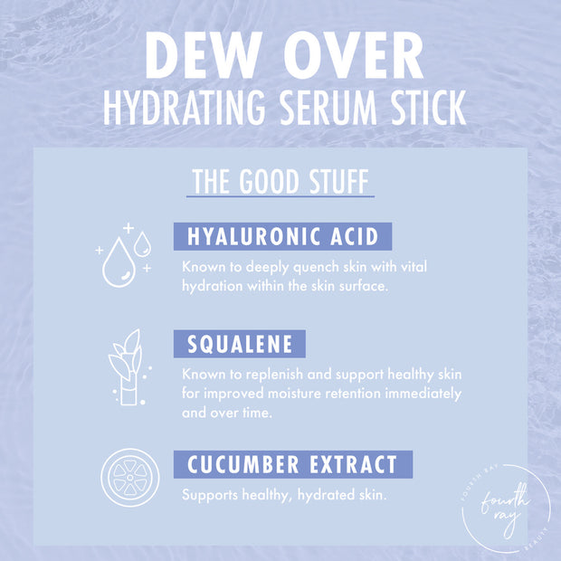 Dew Over hydrating serum stick graphic showcases key ingredients - hyaluronic acid for deep hydration, squalene to support moisture retention, and cucumber extract for healthy skin - on a pale blue water backdrop; ColourPop Serum Stick.