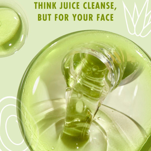 Avocado + Aloe Double Shot ColourPop Face Serum pouring in a glossy green stream from a clear bottle onto a reflective surface, on a pale green background with aloe doodles and the line Think juice cleanse, but for your face.