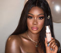 ColourPop SOL Shimmering Dry Oil in Soft Pink, clear rectangular bottle with white pump and SOL logo, held by a model with luminous skin to showcase the pearly pink shimmer; soft studio lighting and a neutral backdrop highlight body glow.