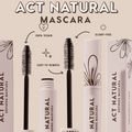 ColourPop Act Natural Mascara in Black defining lashes with a tapered bristle brush; open white tube and wand displayed beside closed tube and boxes with floral graphics; claims shown: 100% vegan, clump-free, easy to remove; studio beige backdrop.