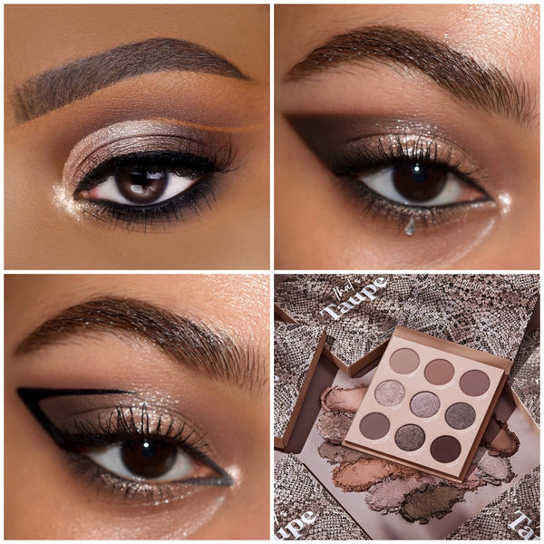 That’s Taupe ColourPop Shadow Palette showcasing nine cool-toned taupe neutrals in matte and shimmer, with three close-up eye looks - smoky, glittery, and graphic liner - beside the open 9-pan on snakeskin boxes and crushed shade swatches.