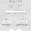 All Clear Purifying Serum ingredient graphic shows a salicylic acid + niacinamide blend, tea tree oil, and tranexamic acid, promoting unclogged pores, clearer skin, and reduced dark spots on a gray marble backdrop with molecular icons; ColourPop Face Serum.