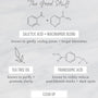 All Clear Purifying Serum ingredient graphic shows a salicylic acid + niacinamide blend, tea tree oil, and tranexamic acid, promoting unclogged pores, clearer skin, and reduced dark spots on a gray marble backdrop with molecular icons; ColourPop Face Serum.