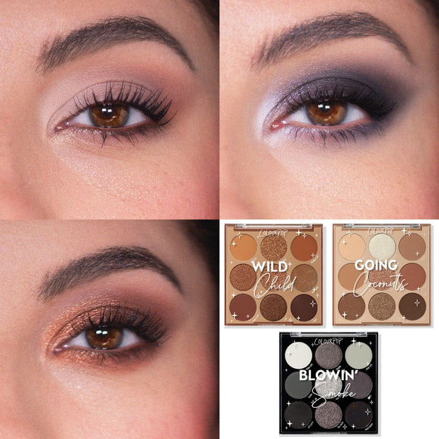 Tone Up ColourPop Shadow Palette Set shows three eye looks - soft matte nude, metallic bronze, and cool smoky - on close-up eyes; adjacent, three 9-pan palettes labeled Wild Child, Going Coconuts, and Blowin’ Smoke display neutral, brown, and gray shades.