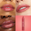 A Go Go ColourPop Lip Tint adding a sheer rosy-peach glow - three close-up lip swatches on different skin tones beside the Just a Tint crayon on a pink gradient background, showing hydrating shine and buildable color.