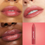 A Go Go ColourPop Lip Tint adding a sheer rosy-peach glow - three close-up lip swatches on different skin tones beside the Just a Tint crayon on a pink gradient background, showing hydrating shine and buildable color.