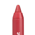 A Go Go ColourPop Lip Tint crayon showing a twist-up rounded tip in warm coral-red, standing upright in a glossy red tube with partial white lettering against a clean white background.