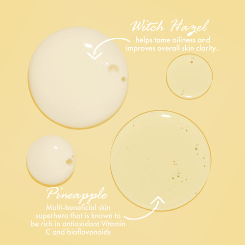 ColourPop Face Cleanser Pore Real Cleanser showcasing ingredient drops - creamy and translucent puddles on a pale yellow background - highlighting witch hazel to reduce oil and improve clarity and pineapple extract rich in vitamin C and bioflavonoids.