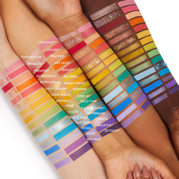 Fade Into Hue ColourPop Shadow Palette swatched across multiple skin tones, showcasing 30 rainbow shades from pink to purple in matte, metallic, and glitter finishes with labeled shade names, highlighting pigment payoff and color range.