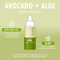 Fourth Ray Beauty Avocado + Aloe Double Shot face serum dropper bottle centered, showing AVOCADO + ALOE label and 1 fl oz, with callouts for avocado oil antioxidants and aloe hydration on a light green graphic; ColourPop Face Serum.