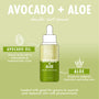 Fourth Ray Beauty Avocado + Aloe Double Shot face serum dropper bottle centered, showing AVOCADO + ALOE label and 1 fl oz, with callouts for avocado oil antioxidants and aloe hydration on a light green graphic; ColourPop Face Serum.