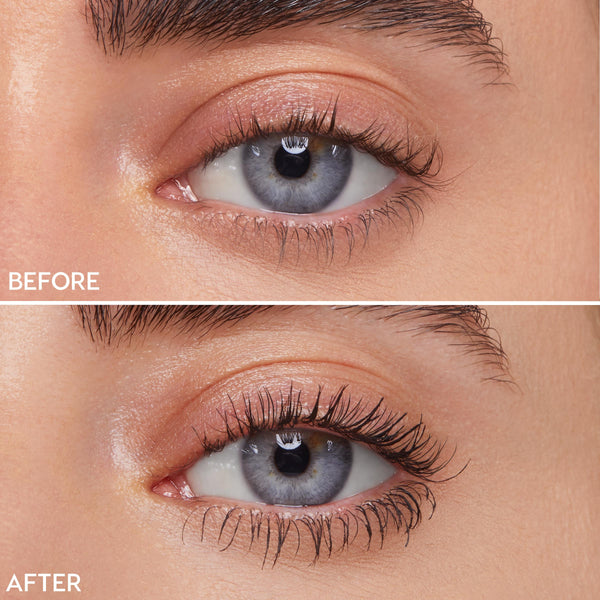 Close-up eye lashes demonstrate before-and-after results of ColourPop Act Natural Mascara, shade Brown; top panel shows bare lashes, bottom panel shows lifted, lengthened, and defined lashes with a natural, clump-free finish in a split-screen macro.