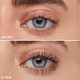 Lashes wearing ColourPop Act Natural Mascara, Black, lifting and defining a blue-gray eye; side-by-side before and after close-up shows noticeably longer, darker, separated lashes with a soft, natural finish.