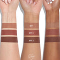 All My BFFs ColourPop Lippie Pencil swatches across three arms (light, medium, deep), showing nude-to-brown liners labeled BFF, BFF 2, and BFF 3 in a matte finish against a clean white background.