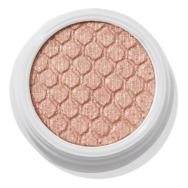 ColourPop Amaze Super Shock Shadow showing a metallic champagne‑rose gold shade with fine sparkle and honeycomb emboss, filling a round pan set in a white pot on a white background.