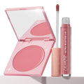 That’s So Rosy ColourPop Cheek & Lip Set showcasing an open pink compact cream blush beside an Ultra Blotted Lip tube with doe-foot applicator, both in rosy mauve tones, styled on a light pedestal against a clean white background with star-accent packaging.