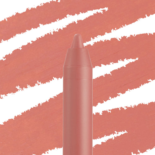 ColourPop Lippie Pencil in Another Round, a warm pinky-peach nude liner, showing its sharpened tip against diagonal swatches of the same shade on white, ideal for precise lip lining and pairing with nude lipsticks.
