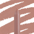 ColourPop Lippie Pencil in Ashton stands upright, its creamy rosy‑nude tip showcased against diagonal matching swatch streaks, emphasizing precise lip liner definition and smooth payoff.