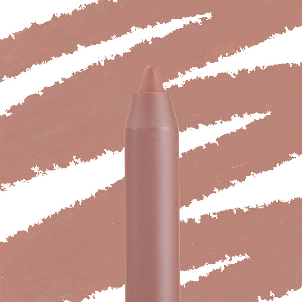 ColourPop Lippie Pencil in Ashton stands upright, its creamy rosy‑nude tip showcased against diagonal matching swatch streaks, emphasizing precise lip liner definition and smooth payoff.