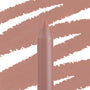 ColourPop Lippie Pencil in Ashton stands upright, its creamy rosy‑nude tip showcased against diagonal matching swatch streaks, emphasizing precise lip liner definition and smooth payoff.