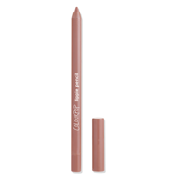 Ashton ColourPop Lippie Pencil shown uncapped, mauve‑nude tip exposed with matching cap beside it on a white background, slim barrel labeled “lippie pencil” for precise lip lining.