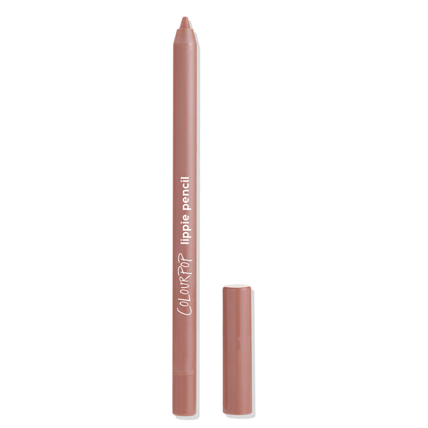 Ashton ColourPop Lippie Pencil shown uncapped, mauve‑nude tip exposed with matching cap beside it on a white background, slim barrel labeled “lippie pencil” for precise lip lining.