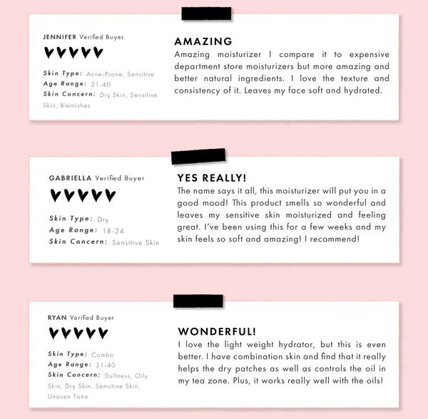 Good Mood Gel Moisturizer reviews showcasing three verified-buyer cards - each with five black heart ratings and bold headlines “Amazing,” “Yes Really!” and “Wonderful!” - on a pink background, highlighting hydration for sensitive and combo skin; ColourPop Face Moisturizer.