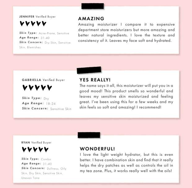 Good Mood Gel Moisturizer reviews showcasing three verified-buyer cards - each with five black heart ratings and bold headlines “Amazing,” “Yes Really!” and “Wonderful!” - on a pink background, highlighting hydration for sensitive and combo skin; ColourPop Face Moisturizer.