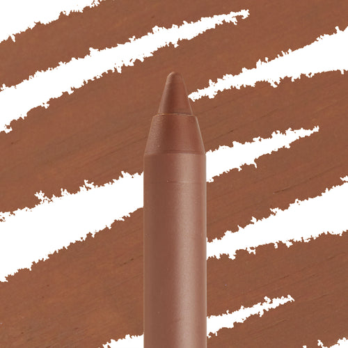 ColourPop Lippie Pencil BFF3 tip sketching warm cocoa-brown swatches, shown in a close-up of the sharpened lip liner against a white backdrop streaked with matching pigment.