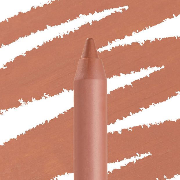 BFF ColourPop Lippie Pencil tip gliding creamy warm nude pigment, with diagonal matching swatches in the background; close-up showcases precise point and smooth payoff for lining and shaping lips.