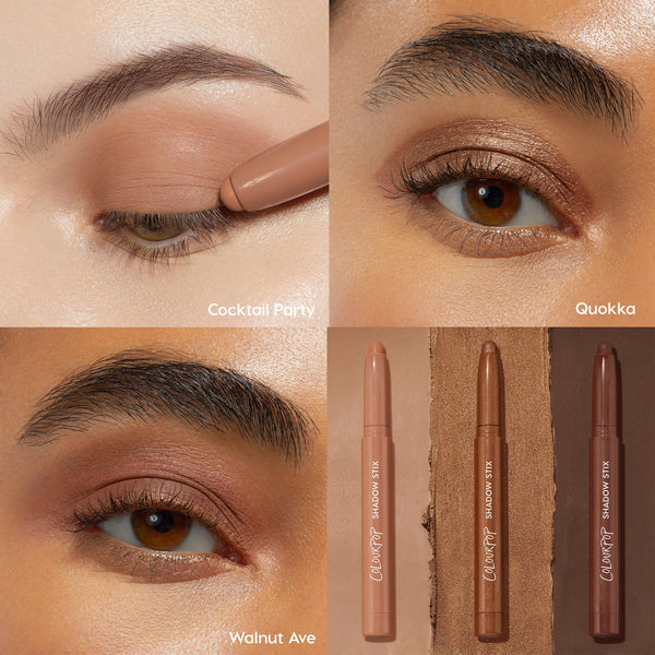 ColourPop Shadow Stix Essential Neutrals set showcases wearable eye looks - Cocktail Party, Quokka, and Walnut Ave applied on three close-up lids - alongside three cream shadow sticks in nude, bronze shimmer, and deep brown for everyday use.