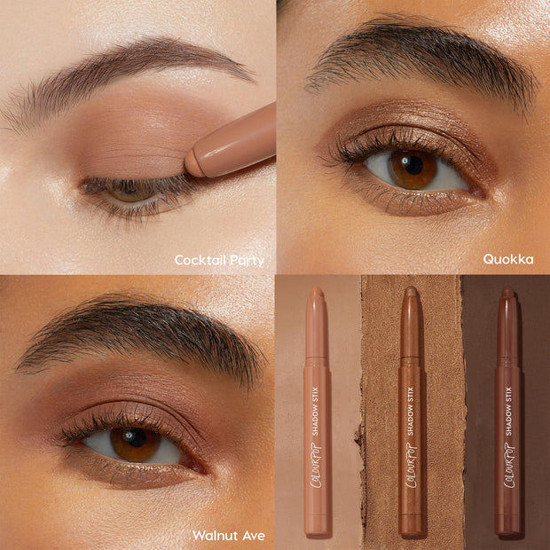 ColourPop Shadow Stix Essential Neutrals set showcases wearable eye looks - Cocktail Party, Quokka, and Walnut Ave applied on three close-up lids - alongside three cream shadow sticks in nude, bronze shimmer, and deep brown for everyday use.