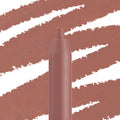 Beeper ColourPop Lippie Pencil showcases its sharpened tip, depositing smooth mauve-brown nude pigment, with bold matching swatch strokes in the background for shade reference.
