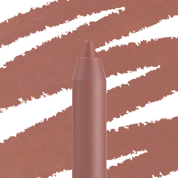 Beeper ColourPop Lippie Pencil showcases its sharpened tip, depositing smooth mauve-brown nude pigment, with bold matching swatch strokes in the background for shade reference.