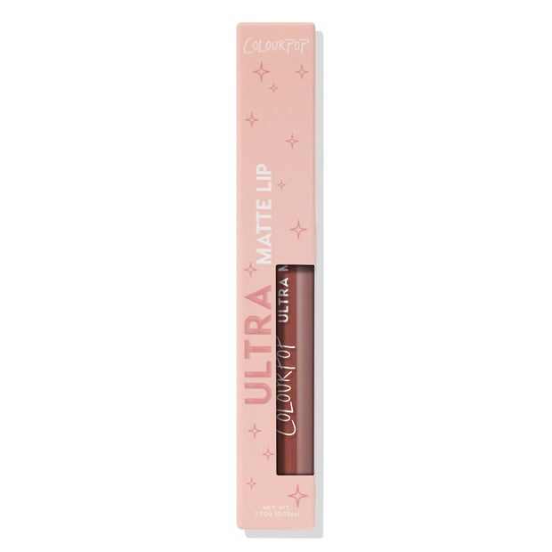 ColourPop Beeper Ultra Matte Lip displayed upright in a blush‑pink box with star accents, die‑cut window revealing a dusty rose liquid lipstick tube, 3.7 g (0.13 oz), on a clean white background.