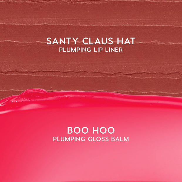 Berry Grinchy So Juicy Plumping Gloss Stick swatches showing a warm nude Santy Claus Hat plumping lip liner above a bright berry-pink Boo Hoo plumping gloss balm, part of a festive ColourPop Collabs makeup collection for US shoppers.