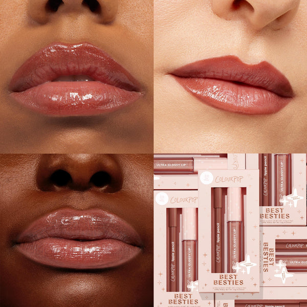 Best Besties ColourPop Ultra Lip Duo swatched on three close-up lips, showing a shiny nude‑mauve finish; collage includes pink boxes and tubes labeled ColourPop, featuring Ultra Glossy Lip and Lippie Pencil, highlighting the duo’s high‑shine payoff.
