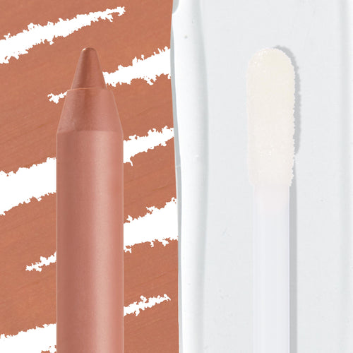 Better Together Ultra Lip Duo featuring a nude lip liner pencil paired with a clear gloss doe-foot applicator, shown in macro against peachy nude swatches and a glossy swipe; ColourPop Ultra Lip Duo.