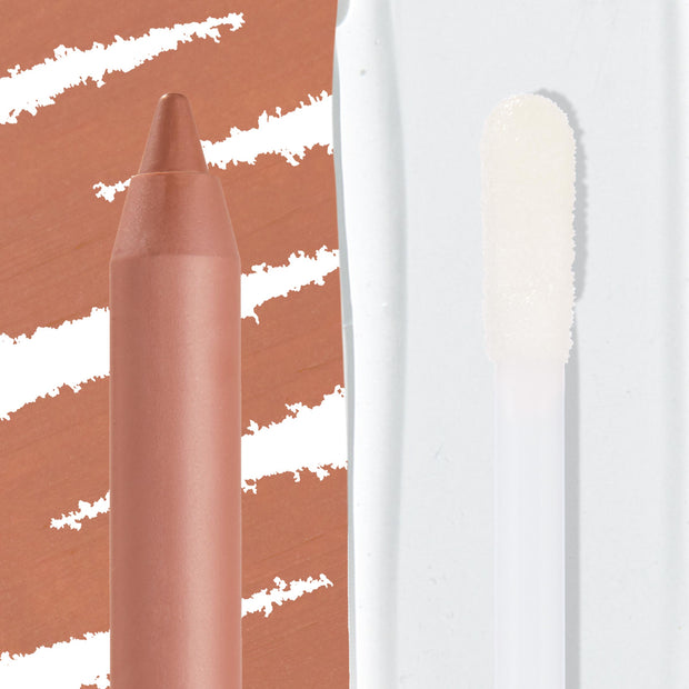 Better Together Ultra Lip Duo featuring a nude lip liner pencil paired with a clear gloss doe-foot applicator, shown in macro against peachy nude swatches and a glossy swipe; ColourPop Ultra Lip Duo.