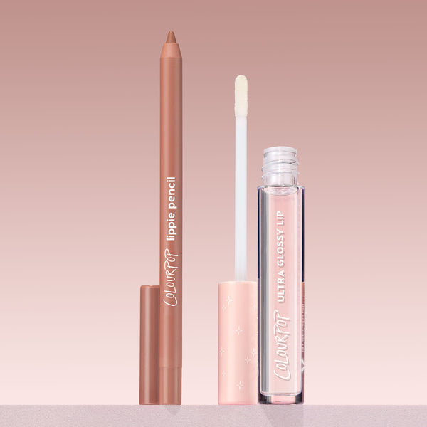 Better Together ColourPop Ultra Lip Duo standing upright - nude lippie pencil beside Ultra Glossy Lip tube with doe-foot applicator and peach cap with star accents - set on a blush gradient background for a neutral, glossy lip look.
