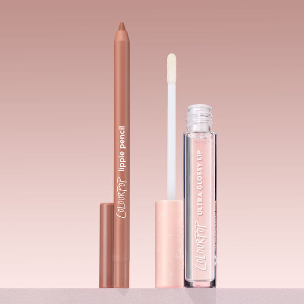 Better Together ColourPop Ultra Lip Duo standing upright - nude lippie pencil beside Ultra Glossy Lip tube with doe-foot applicator and peach cap with star accents - set on a blush gradient background for a neutral, glossy lip look.