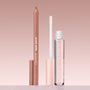 Better Together ColourPop Ultra Lip Duo standing upright - nude lippie pencil beside Ultra Glossy Lip tube with doe-foot applicator and peach cap with star accents - set on a blush gradient background for a neutral, glossy lip look.
