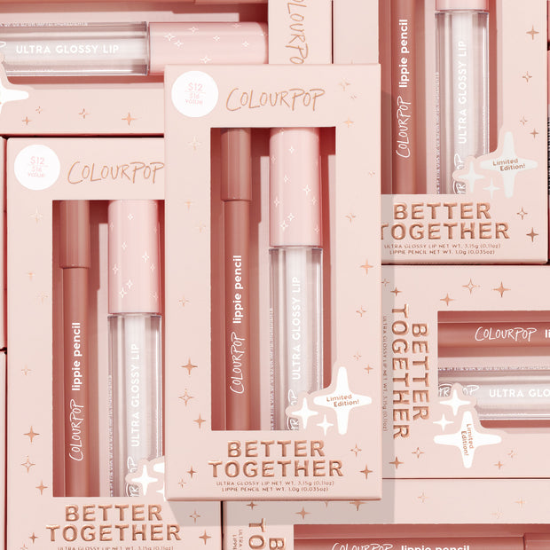 Better Together Ultra Lip Duo showcases a ColourPop Ultra Lip Duo - Ultra Glossy Lip and Lippie Pencil - displayed in blush-pink, starry boxes stacked across the frame, highlighting the limited edition Ulta value kit.