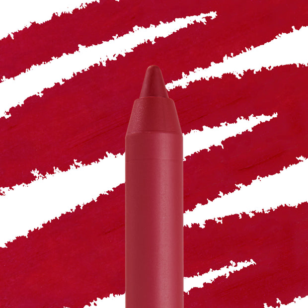 ColourPop Lippie Pencil in Bichette displaying its sharpened tip in a rich deep red, the smooth liner standing upright against bold crimson swatch streaks, emphasizing precise lip lining and high-pigment payoff for a classic red lip.
